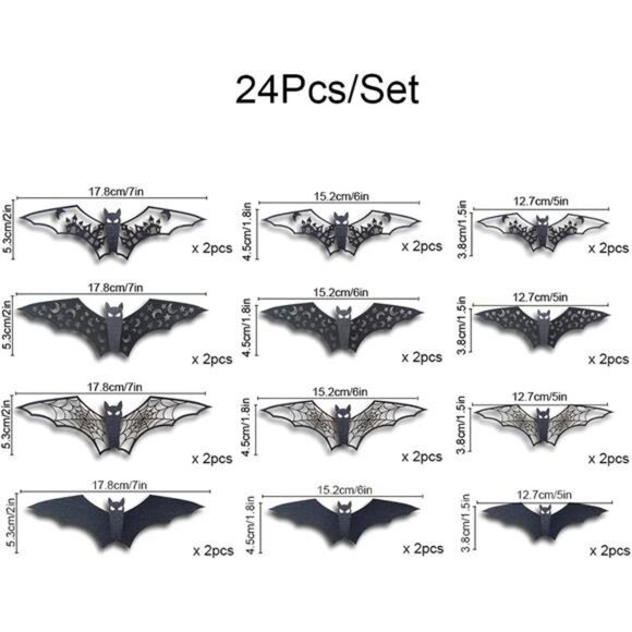 24Pcs Large Halloween Bats Decorations - 3D Self-Adhesive PVC Scary Wall Decor - Picture 3 of 8